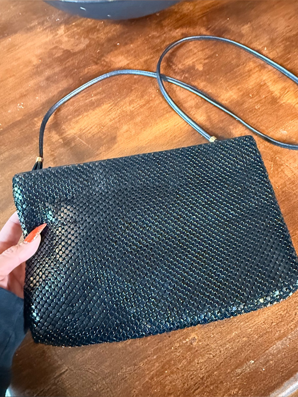 Vintage Whiting & Davis Black Metal Mesh Evening Bag Crossbody 70s 80s
